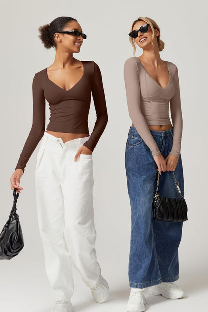 QINSEN Women's Long Sleeve V Neck T Shirts Double Lined Crop Top Seamed Cup Going Out Tops