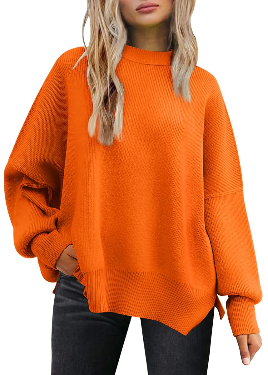 LILLUSORY Women's Oversized Batwing Sweaters 2024 Fall Outfits Crewneck Ribbed Knit Side Slit Trendy Pullover Tops