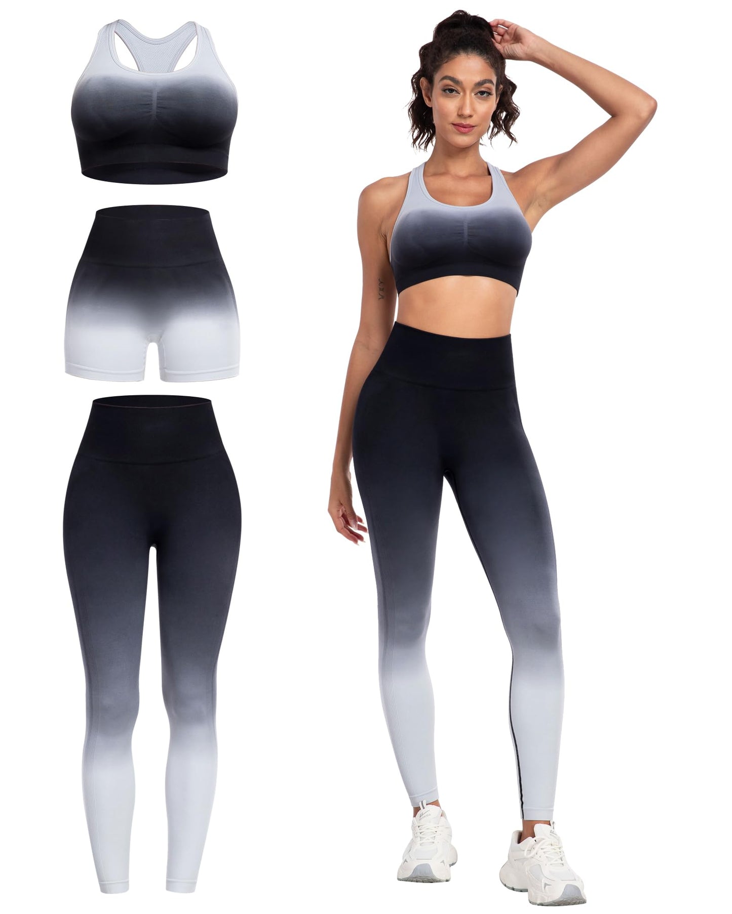 3 Piece Workout Sets for Women Butt Lifting Leggings with High Impact Sports Bra Gym Shorts