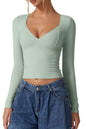 QINSEN Women's Long Sleeve V Neck T Shirts Double Lined Crop Top Seamed Cup Going Out Tops