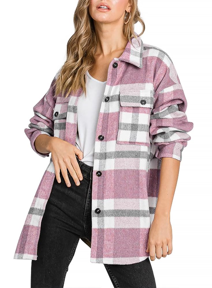 Beaully Women's Flannel Plaid Shacket Long Sleeve Button Down Shirts Jacket Coats with Side Pockets