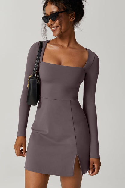 QINSEN Womens Square Neck Bodice Dress Long Sleeve Side Slit Flare Mini Dresses
