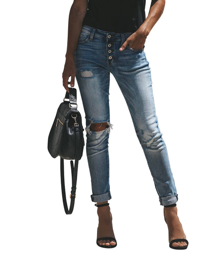 KUNMI Women's Ripped Mid Waisted Boyfriend Jeans Loose Fit Distressed Stretchy Denim Pants