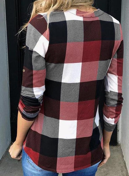 Dokotoo Womens Basic Casual V Neck Plaid Print Cotton Cuffed Long Sleeve Work Tops Blouses Shirts S-3XL