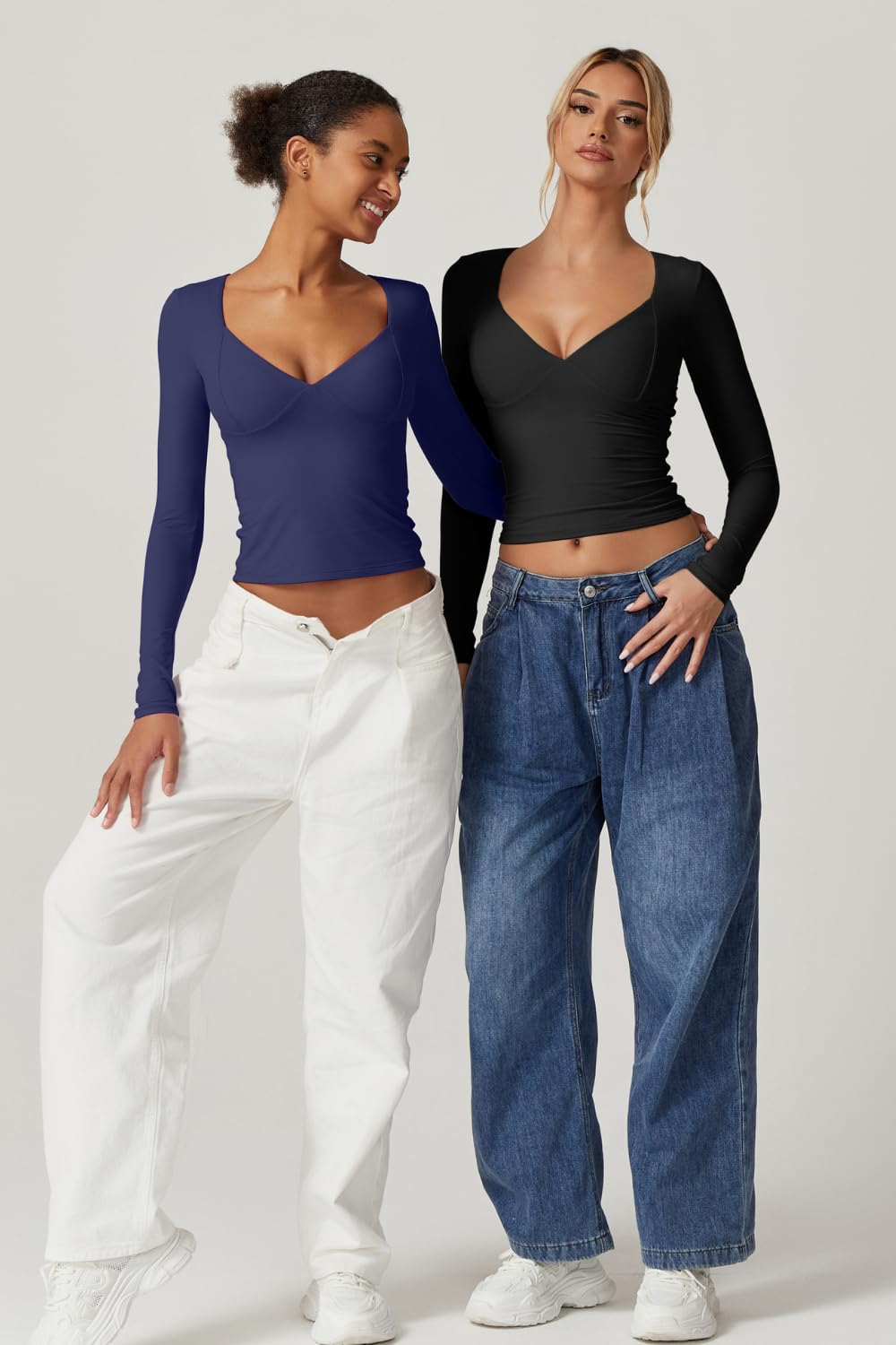 QINSEN Women's Long Sleeve V Neck T Shirts Double Lined Crop Top Seamed Cup Going Out Tops