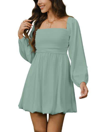 HYPERFIRE Women's Square Neck Pleated Long Sleeve Mini Dress Smocked A Lind Bubble Wedding Dresses