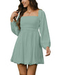 HYPERFIRE Women's Square Neck Pleated Long Sleeve Mini Dress Smocked A Lind Bubble Wedding Dresses