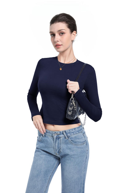 Abonlen Long Sleeve Shirts for Women Crewneck Basic Tees T Shirts Fitted Crop Tops Y2k Going Out Tops