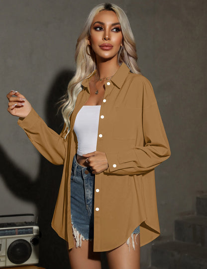 HOTOUCH Women Oversized Button Down Shirts Office Drop Shoulder Blouse Long Sleeve Boyfriend Dress Shirt with Pockets