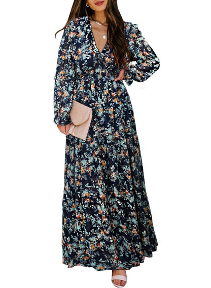 BLENCOT Womens Casual Boho Deep V Neck Short Sleeve Long Dress