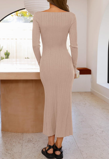 MEROKEETY Women's 2024 Long Sleeve Bodycon Sweater Dress Fall Crew Neck Ribbed Knit Maxi Dresses