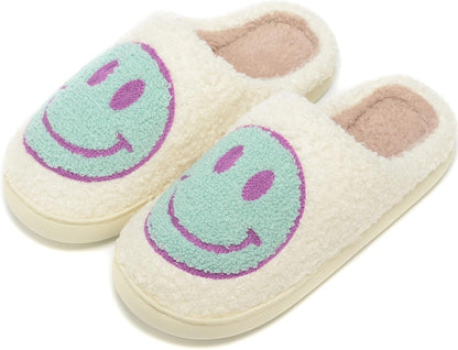 Retro Fuzzy Face Slippers for Women Men, Retro Soft Fluffy Warm Home Non-Slip Couple Style Casual Smile Face Slippers Indoor Outdoor Anti-Skid Warm Cozy Foam Slide Fuzzy Slides with Soft Memory Foam Shoes