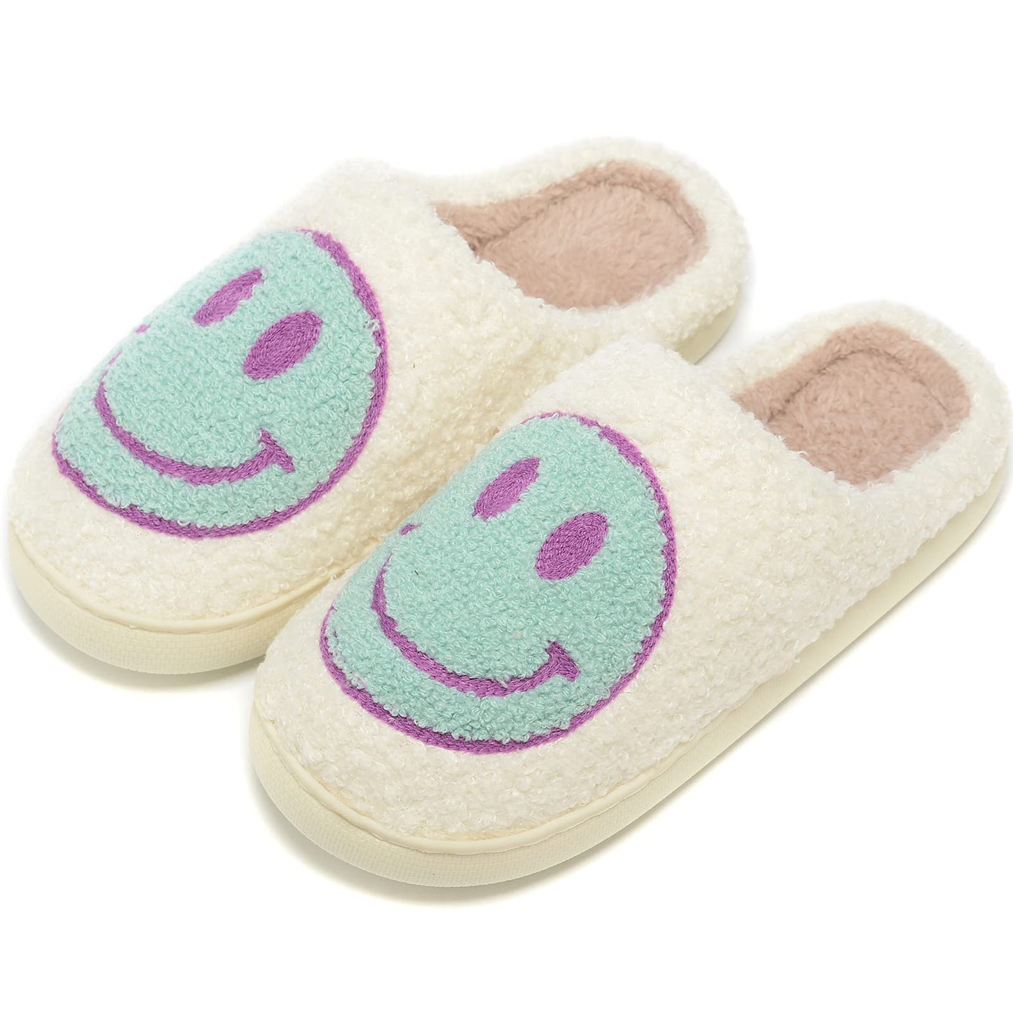 Retro Fuzzy Face Slippers for Women Men, Retro Soft Fluffy Warm Home Non-Slip Couple Style Casual Smile Face Slippers Indoor Outdoor Anti-Skid Warm Cozy Foam Slide Fuzzy Slides with Soft Memory Foam Shoes