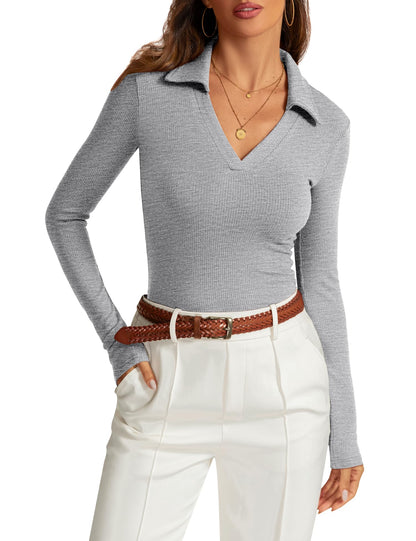 Womens Long Sleeve V Neck Polo Shirts Business Casual Collared Work Top Slim Fitted Basic 2024 Fall Shirt