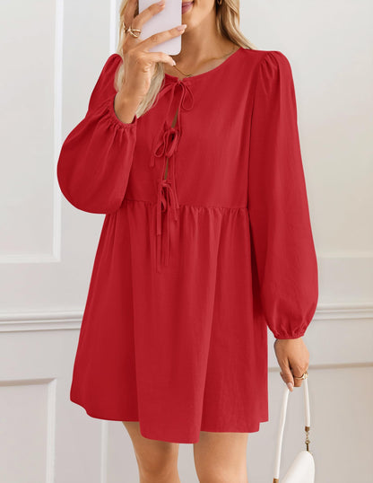ZESICA Women's Dress Fall Long Puff Sleeve Self Tie Front Babydoll A Line Pleated Cute Mini Tunic Dresses 2025