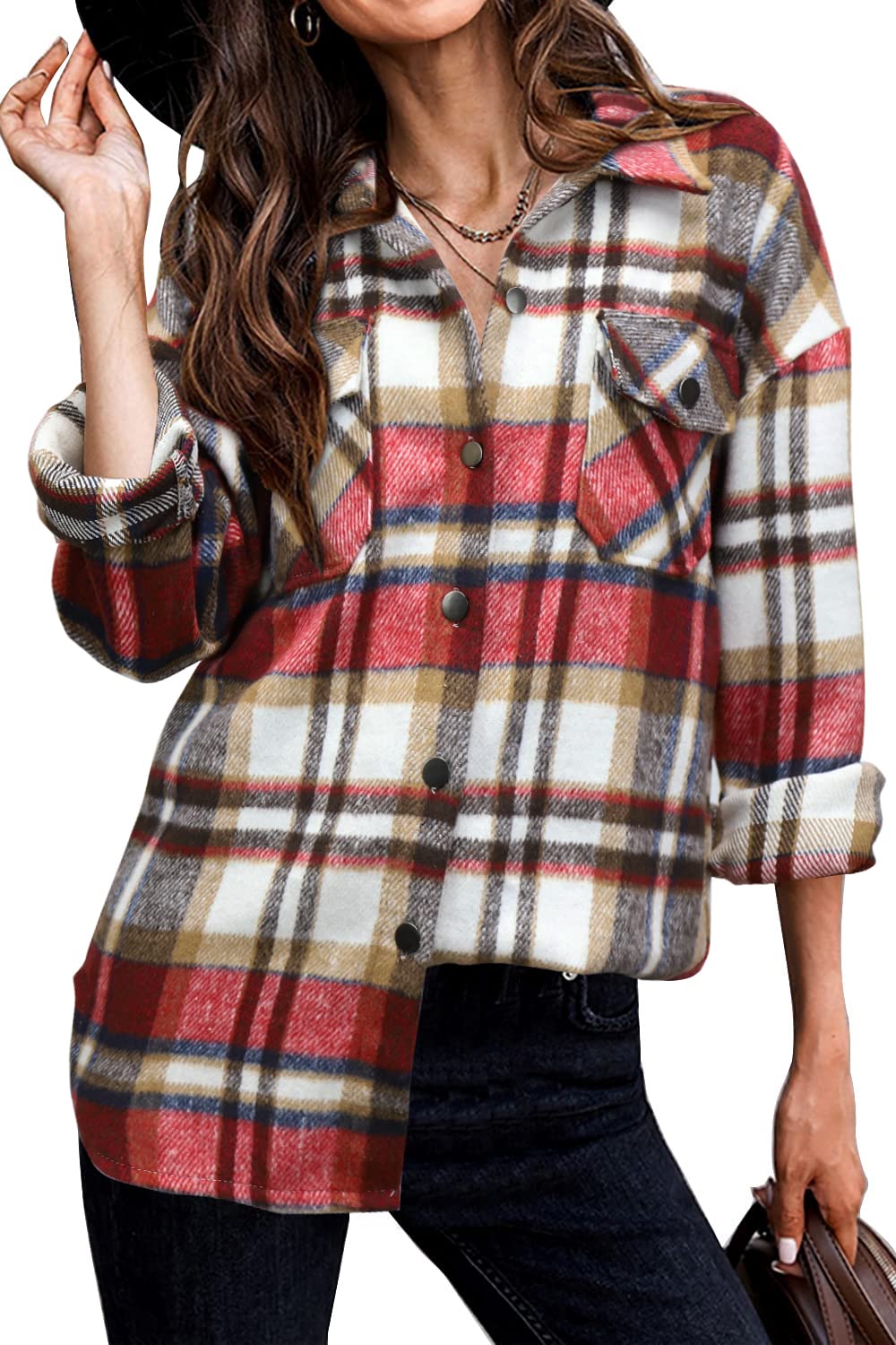 Beaully Women's Flannel Plaid Shacket Long Sleeve Button Down Shirts Jacket Coats with Side Pockets