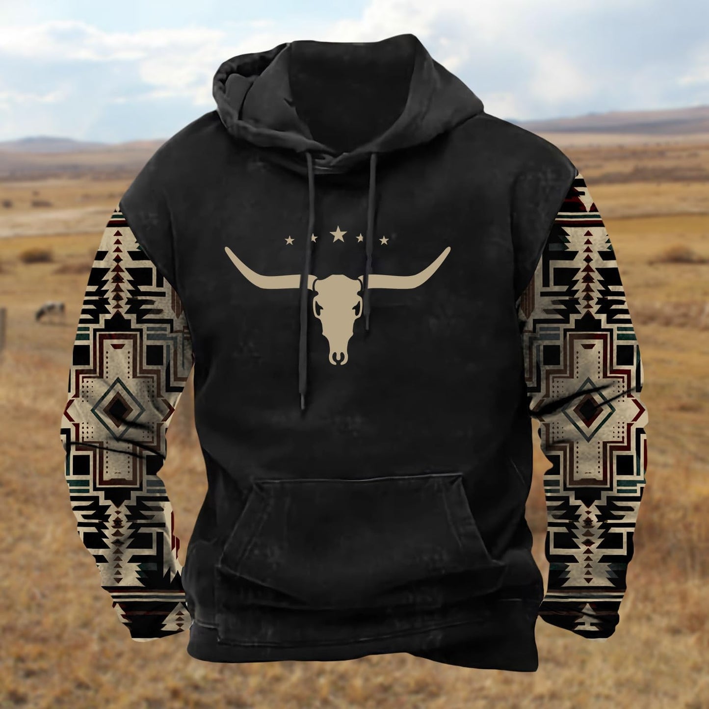 PORCLAY Mens Aztec Hoodie Western Cowboy Hooded Sweatshirt Country Graphic Print Oversized Pullover Shirts with Pocket