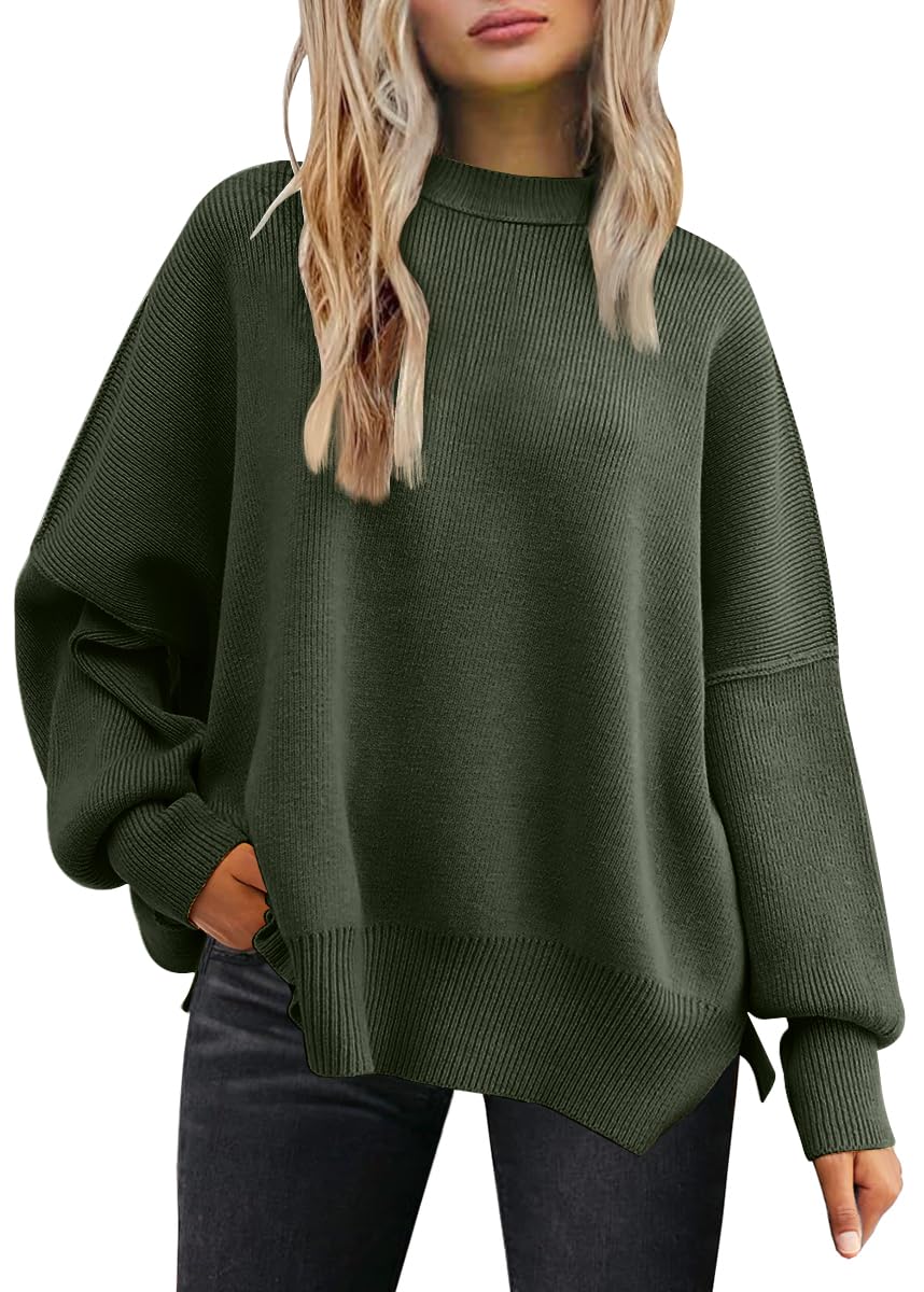 LILLUSORY Women's Oversized Batwing Sweaters 2024 Fall Outfits Crewneck Ribbed Knit Side Slit Trendy Pullover Tops
