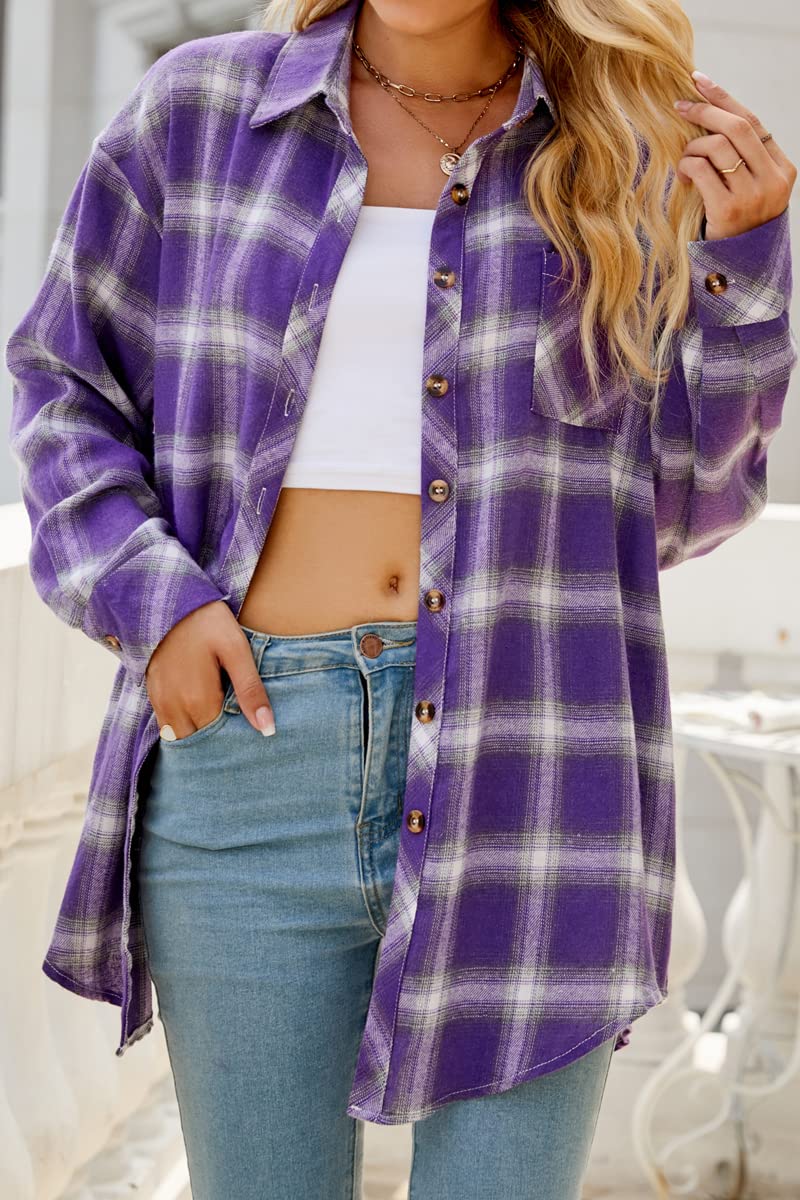 CHYRII Womens Button Down Flannel Shirts Long Sleeve Plaid Shackets Business Casual Blouse Top