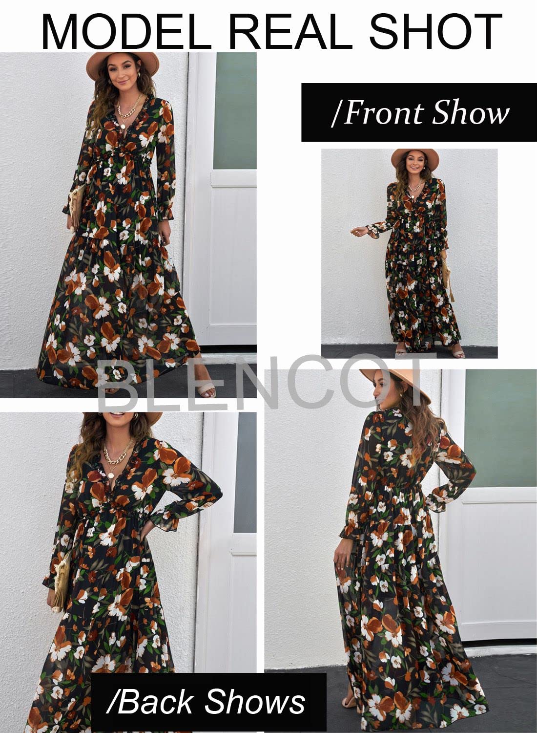 BLENCOT Womens Casual Boho Deep V Neck Short Sleeve Long Dress