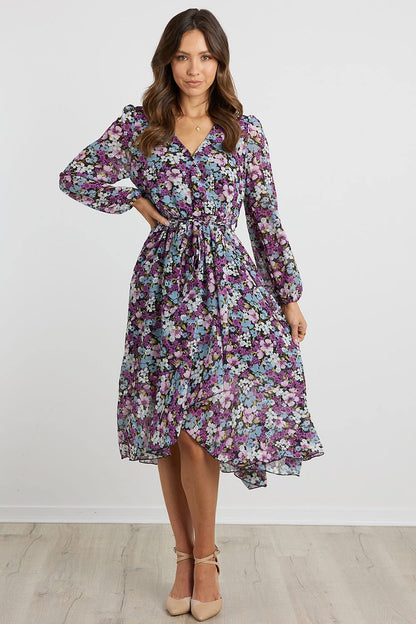 PRETTYGARDEN Women's Floral Print Boho Dress Long Sleeve Wrap V Neck Ruffle Belted A-Line Flowy Maxi Dresses