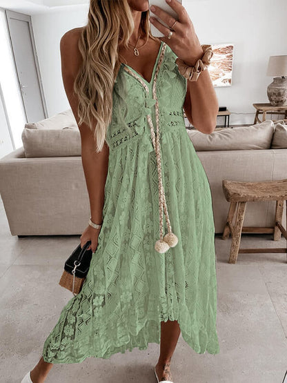 CUPSHE Women's Maxi Dress Lace Dresses Boho Tassel V-Neck Flare Ruffle Adjustable Straps Beach Summer Long Dress