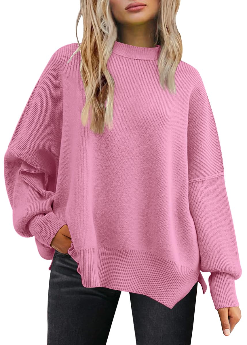 LILLUSORY Women's Oversized Batwing Sweaters 2024 Fall Outfits Crewneck Ribbed Knit Side Slit Trendy Pullover Tops