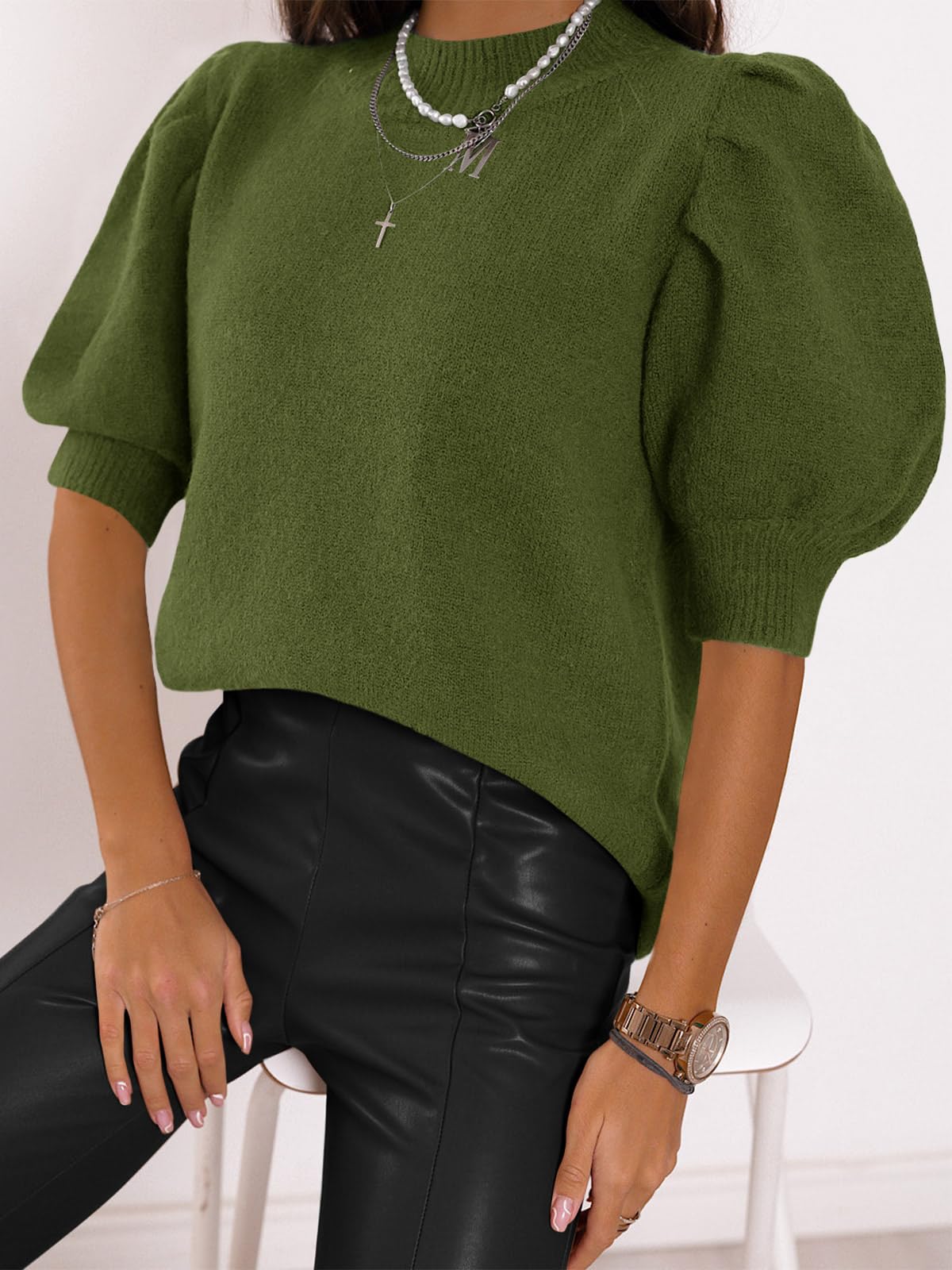 Women's Puff Short Sleeve Sweater Tops 2024 Spring Summer Trendy Crew Neck Casual T Shirts Blouses