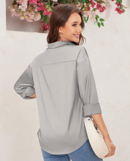 siliteelon Satin Blouses for Women Silk Button Down Shirts Casual Long Sleeve Shirt Business Office Work Tunic Tops