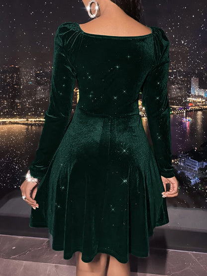 Sexyasasii Womens Wrap V Neck Long Sleeve Velvet Glitter A Line Cocktail Party Swing Fit and Flare Skater Mini Dress