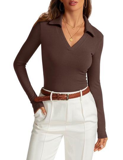 Womens Long Sleeve V Neck Polo Shirts Business Casual Collared Work Top Slim Fitted Basic 2024 Fall Shirt