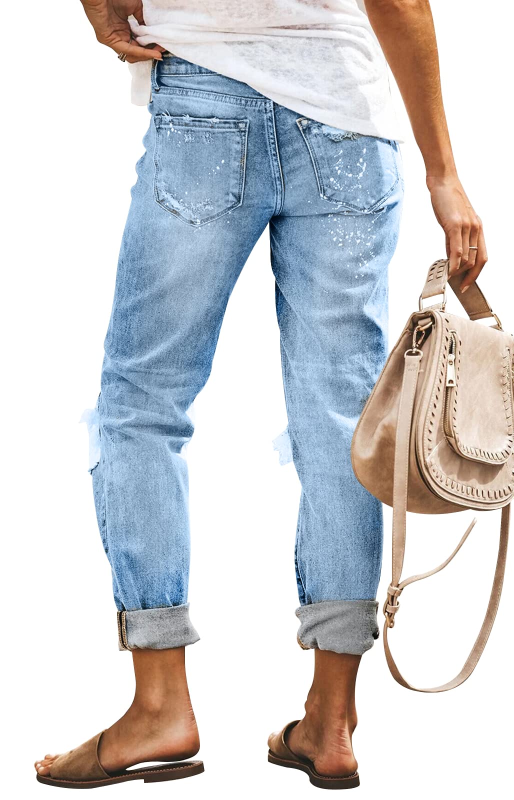 KUNMI Women's Ripped Mid Waisted Boyfriend Jeans Loose Fit Distressed Stretchy Denim Pants