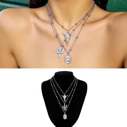 Western Turquoise Layered Chain Necklaces,Retro Imitation Turquoise Collarbone Chain,Boho Layered Necklaces,Bull Head Necklace Country Concert Accessories Outfits Jewelry Gifts for Women Cowgirls