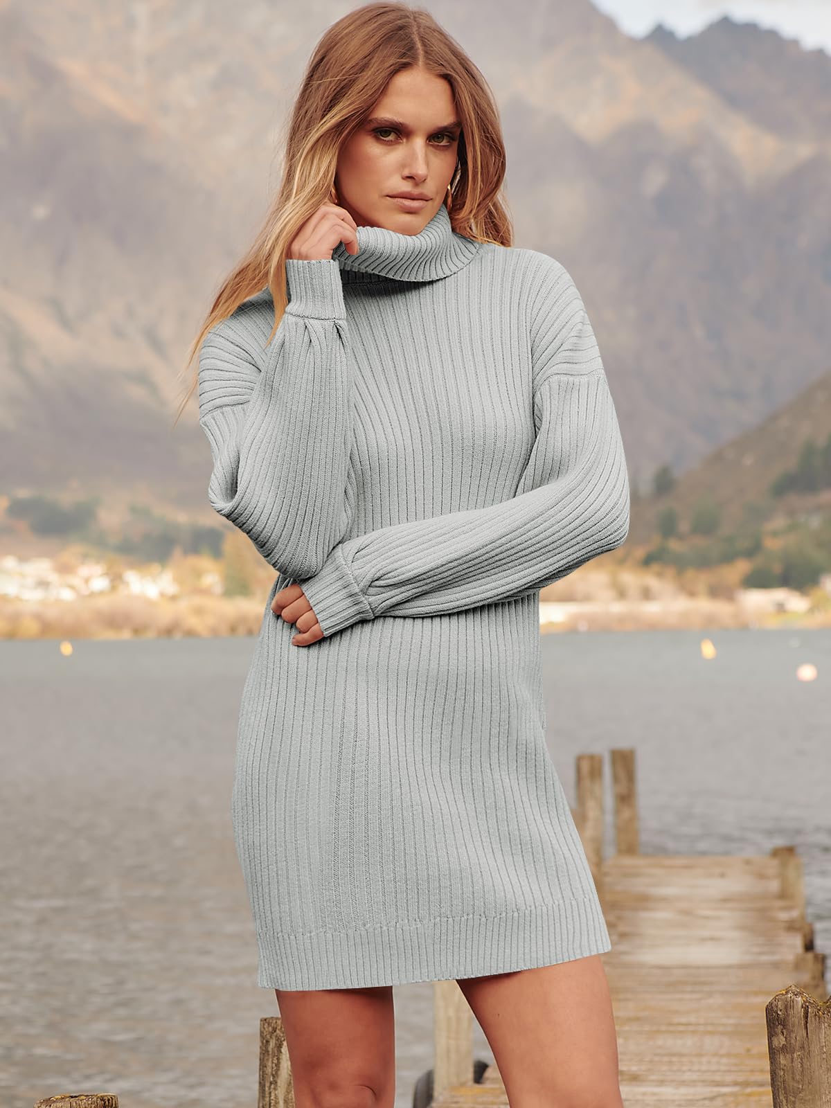 ANRABESS Women Oversized Sweater Dress Turtleneck Batwing Long Sleeve Ribbed Knit Loose 2024 Fall Winter Casual Short Dress