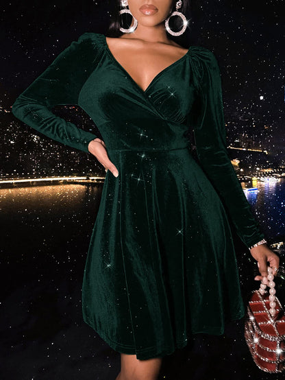 Sexyasasii Womens Wrap V Neck Long Sleeve Velvet Glitter A Line Cocktail Party Swing Fit and Flare Skater Mini Dress