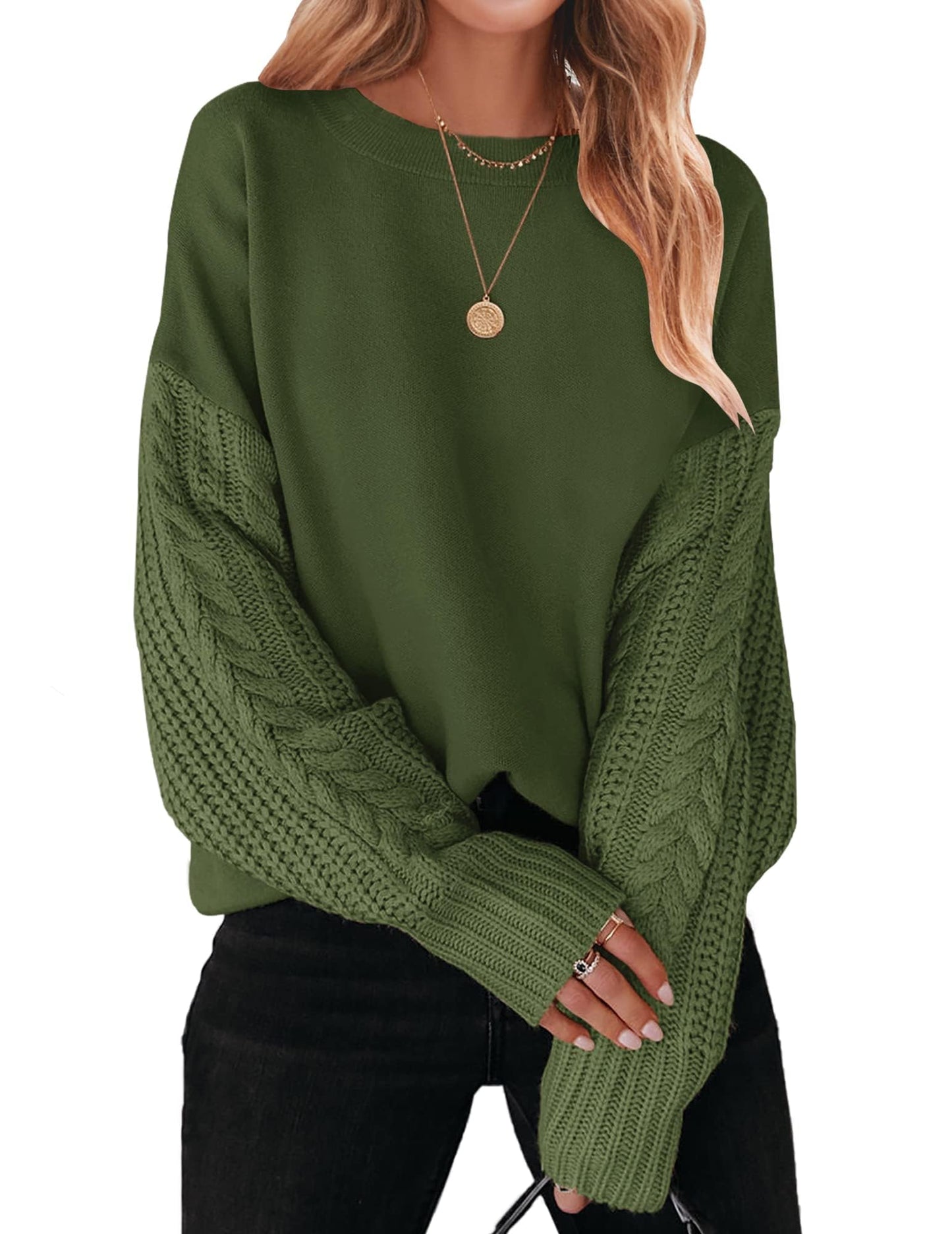 ZESICA Women's Fall Long Sleeve Crew Neck Solid Color Cable Knit Chunky Casual Oversized Pullover Sweater Tops