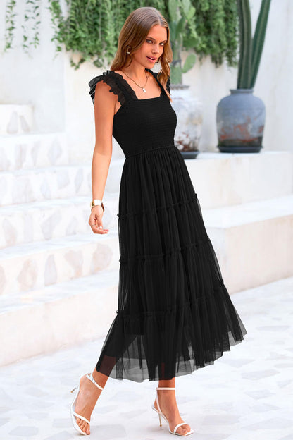 PRETTYGARDEN Women's 2024 Summer Midi Dress Casual Sleeveless Smocked Ruffle Tulle Flowy Party Wedding Guest Sundress