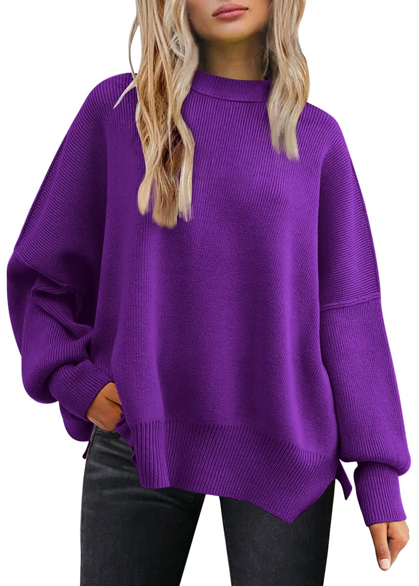 LILLUSORY Women's Oversized Batwing Sweaters 2024 Fall Outfits Crewneck Ribbed Knit Side Slit Trendy Pullover Tops