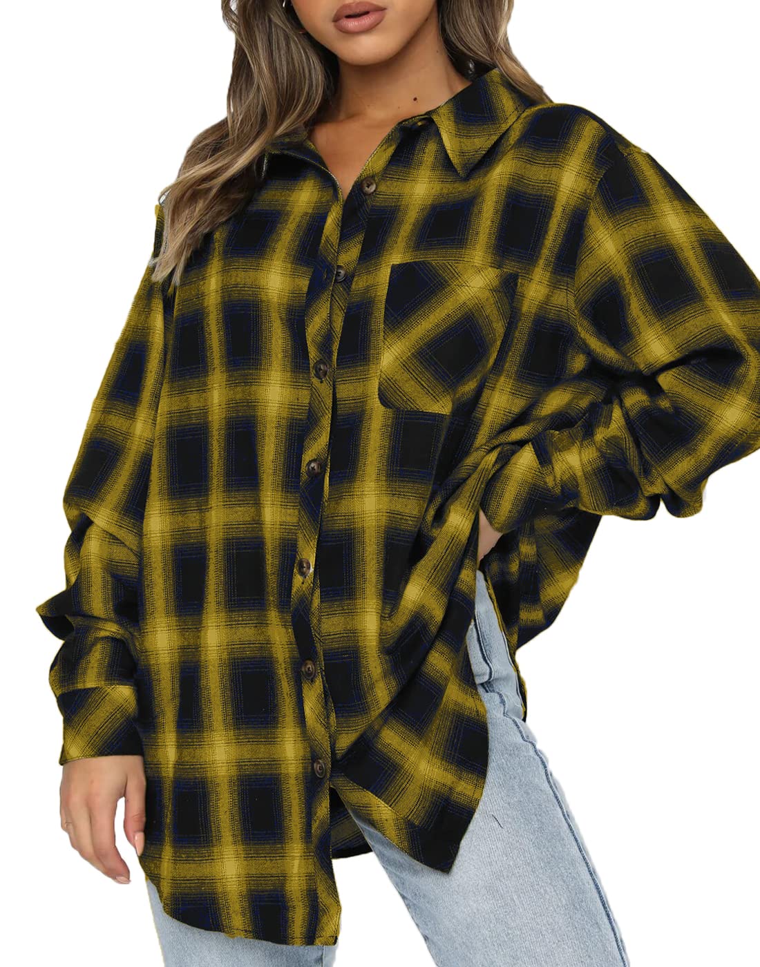 CHYRII Womens Button Down Flannel Shirts Long Sleeve Plaid Shackets Business Casual Blouse Top