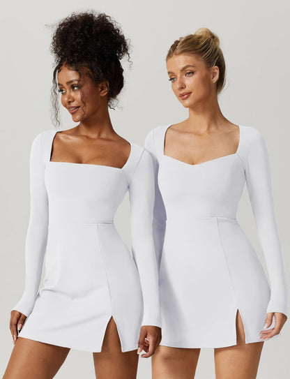 QINSEN Womens Square Neck Bodice Dress Long Sleeve Side Slit Flare Mini Dresses