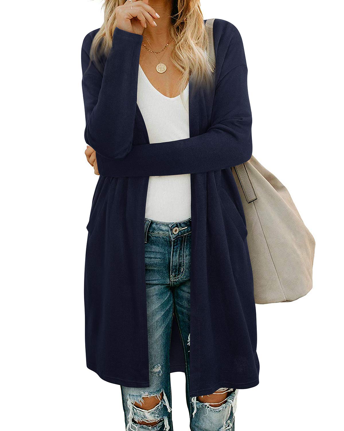 OUGES Women's Open Front Cardigan Shirt with Pockets Long Sleeve Lightweight Coat