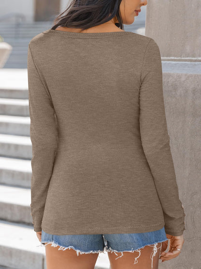 Kissfix Womens Long Sleeve Shirts Going Out Fall Clothes Casual Henley Tops Ribbed Knit Blouses Fashion Trendy Outfits
