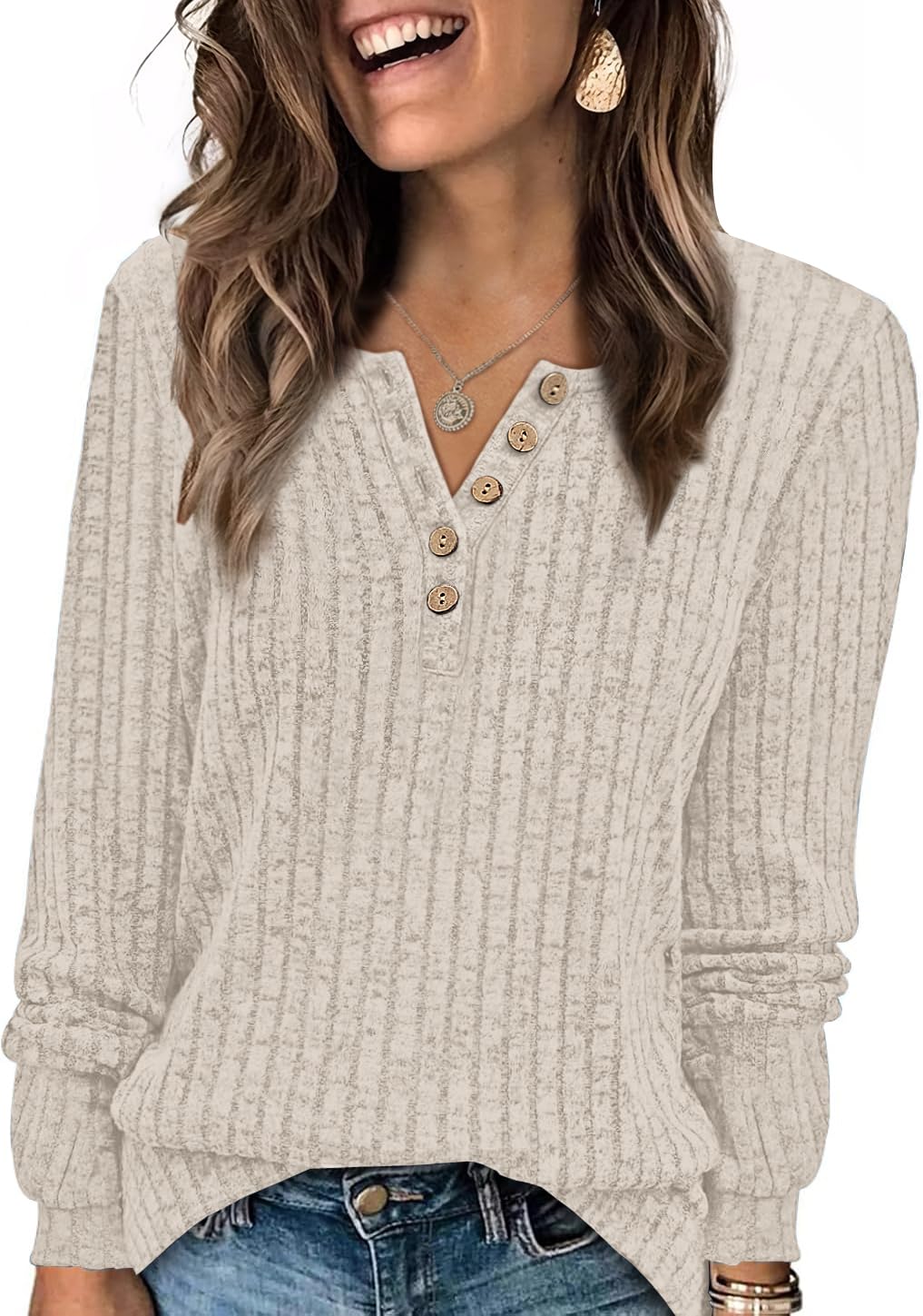 XIEERDUO Sweater for Women Long Sleeve Henley Shirts Tunic Tops to Wear with Leggings crew neck Sweaters Trendy 2024