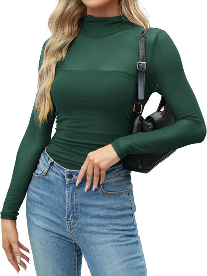 Zeagoo Women's Sexy Mock Turtle Neck Long Sleeve Tops Sheer Mesh Ruched Trendy Going Out Shirts Blouse