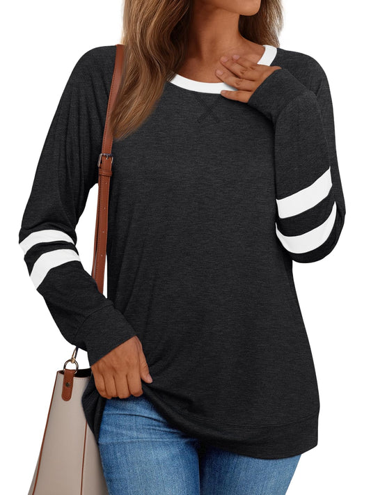 AUTOMET Womens Long Sleeve Shirts Color Block Casual Crewneck Tops Tshirt Basic Tees Fall Fashion Clothes Trendy Outfits