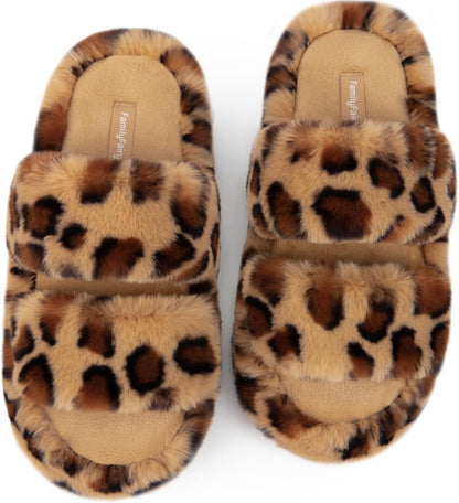 FamilyFairy Women's Fluffy Faux Fur Slippers Comfy Open Toe Two Band Slides with Fleece Lining and Rubber Sole