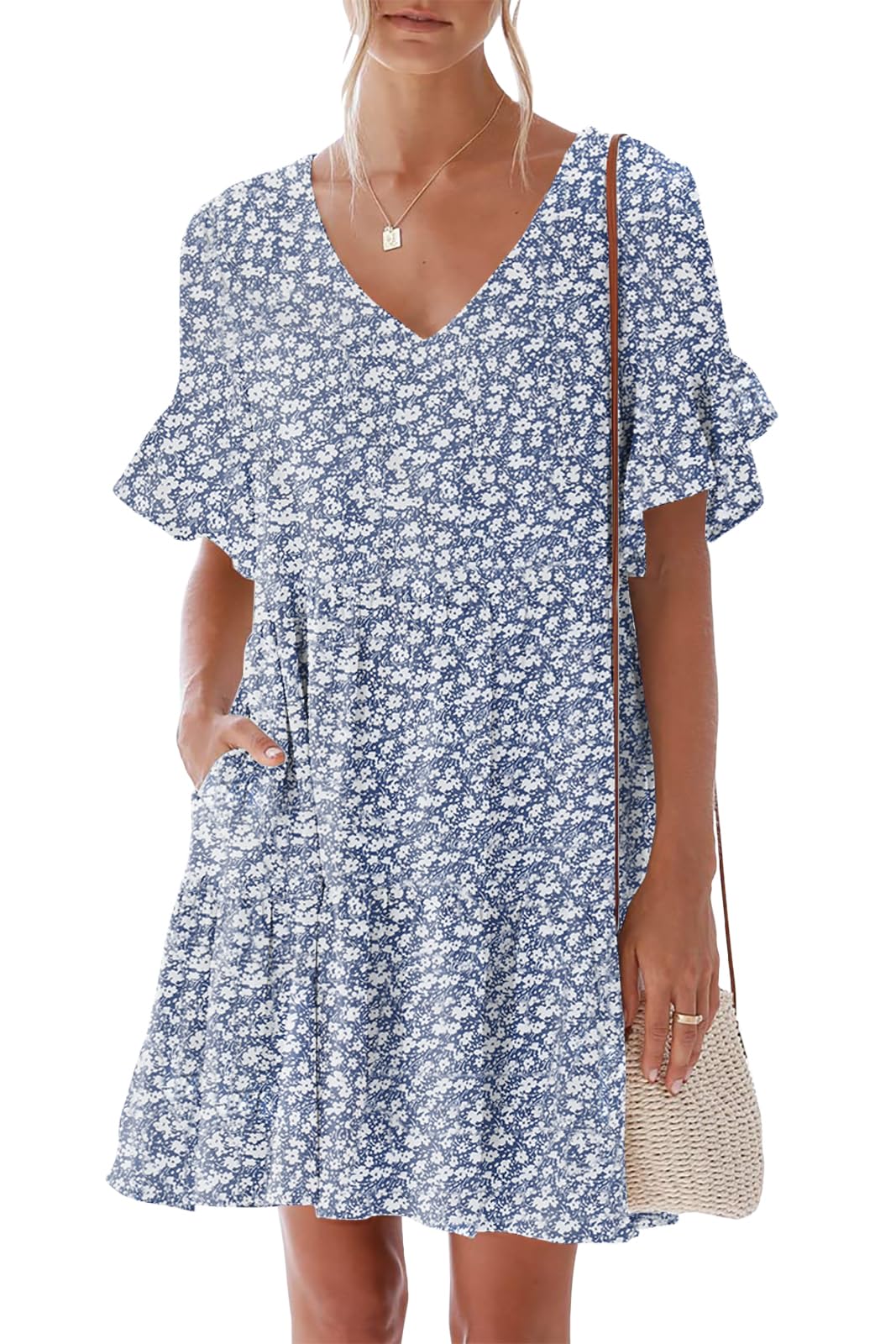 nclook Women's Summer Casual Dress Sweet & Cute V-Neck Mini Dress with Pocket Short Sleevele Ruffle Dress