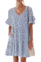 nclook Women's Summer Casual Dress Sweet & Cute V-Neck Mini Dress with Pocket Short Sleevele Ruffle Dress