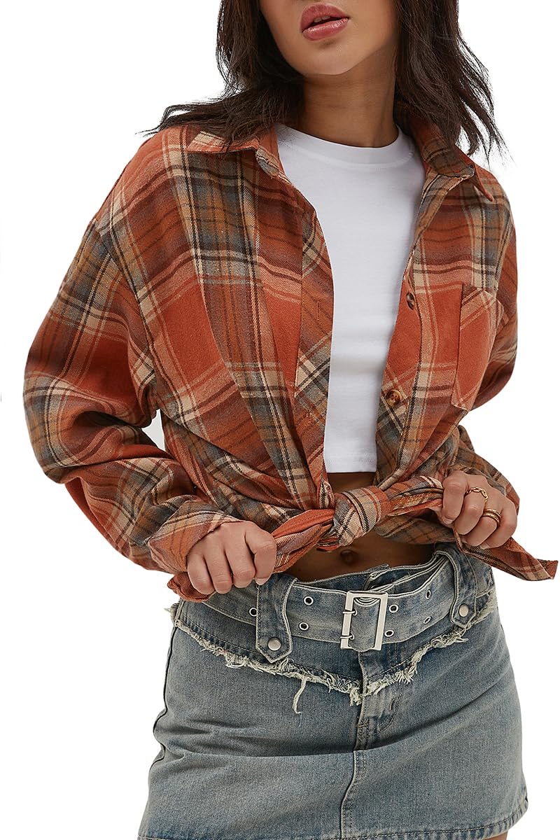 CHYRII Womens Button Down Flannel Shirts Long Sleeve Plaid Shackets Business Casual Blouse Top