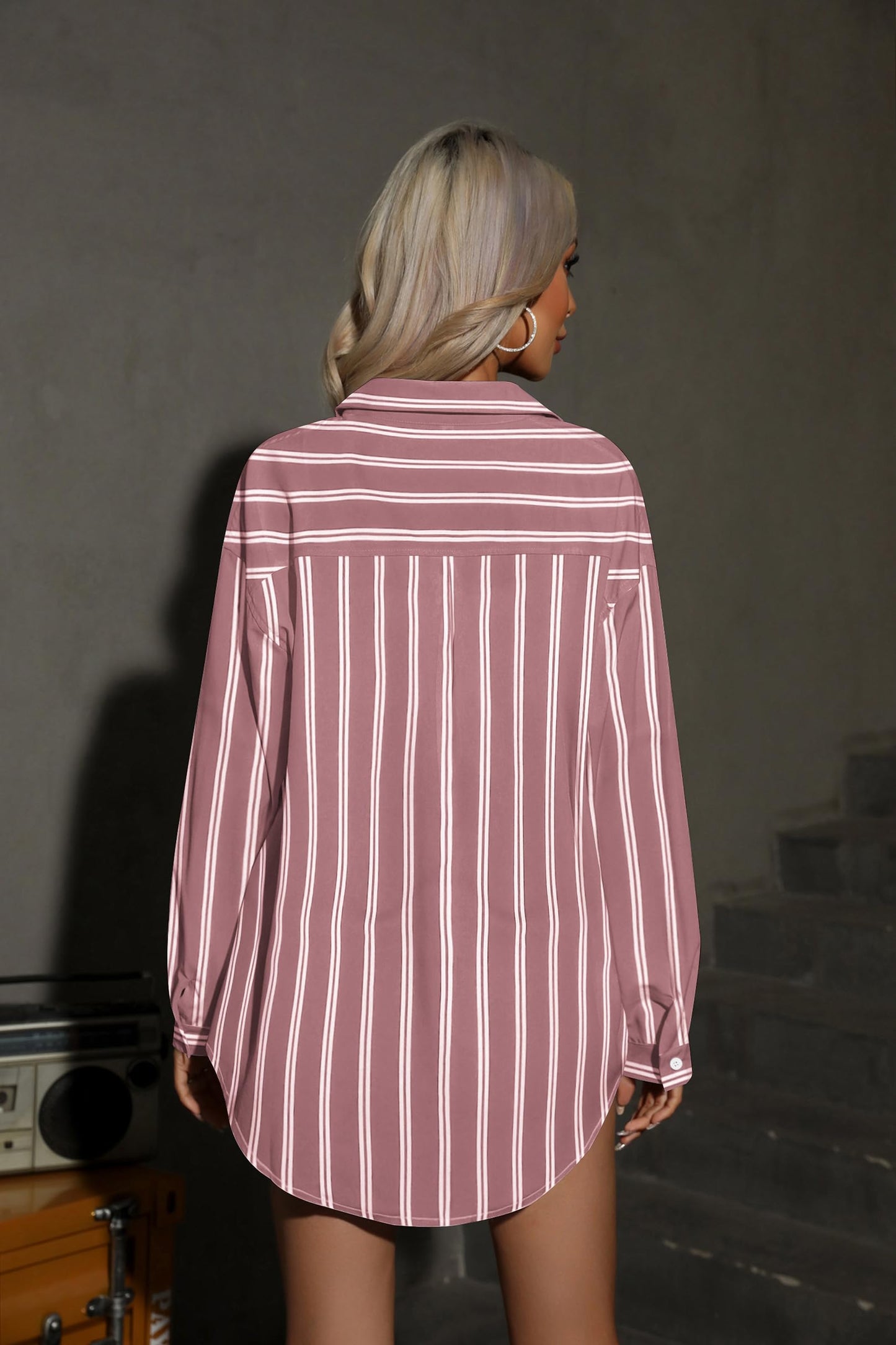 HOTOUCH Women Oversized Button Down Shirts Office Drop Shoulder Blouse Long Sleeve Boyfriend Dress Shirt with Pockets